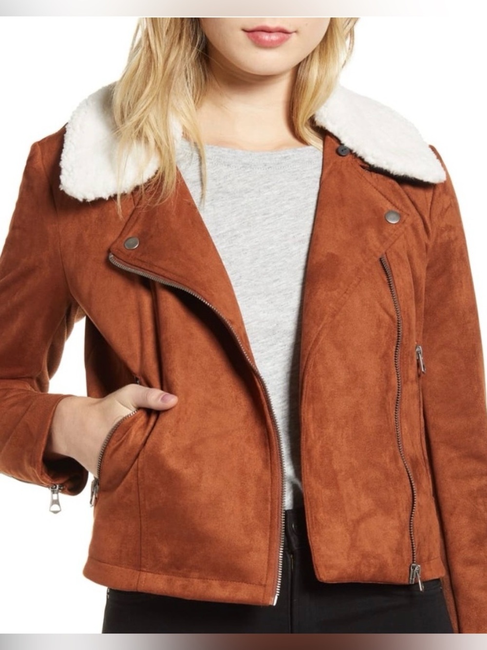French Connection Suede Moto Jacket with Sherpa Collar